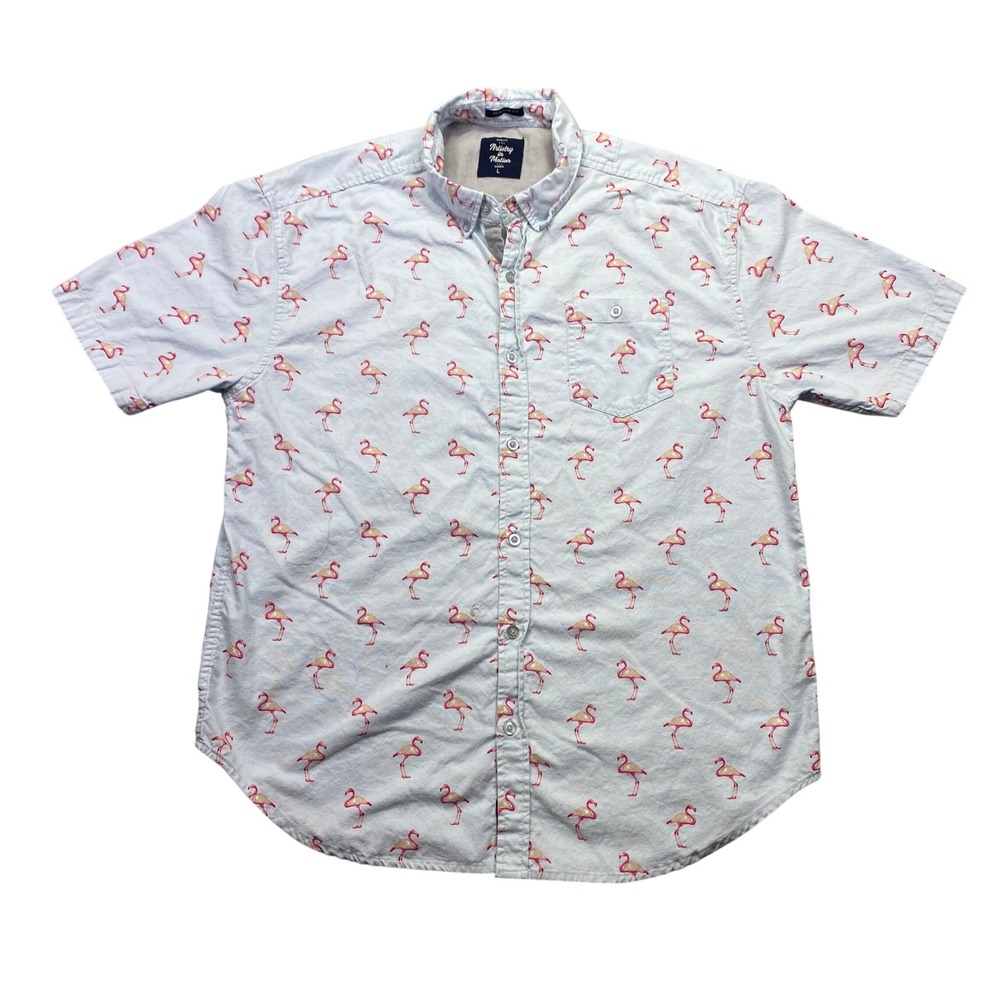 Artistry in Motion Mens Flamingo Print Short Sleeve Button Down Shirt Blue Large